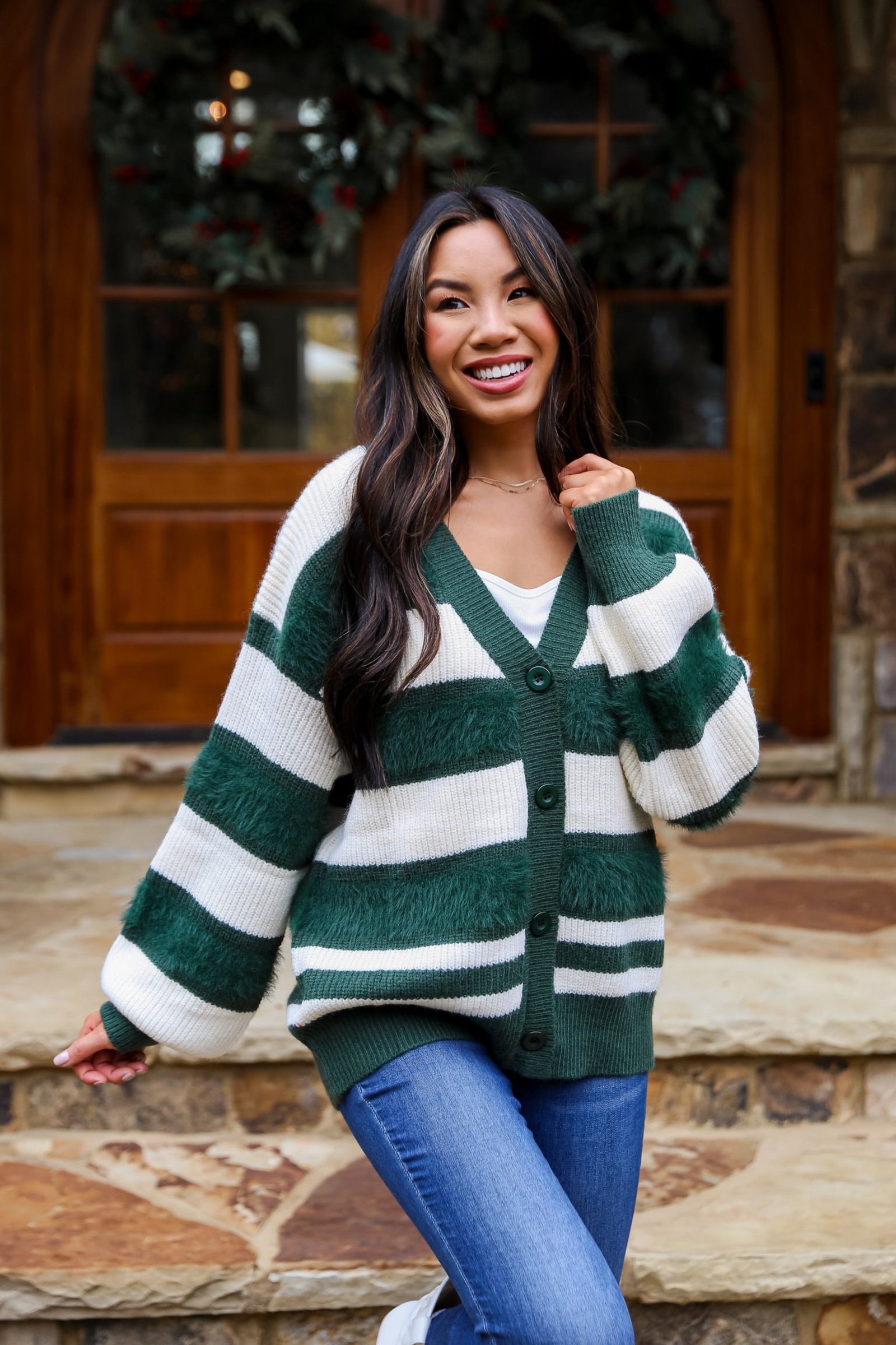 Snuggly Expression Hunter Green Striped Oversized Sweater Cardigan