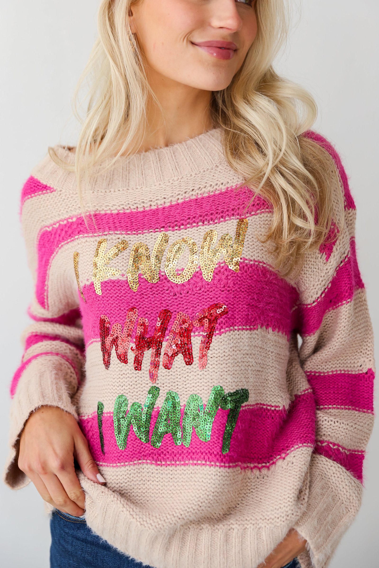 I Know What I Want Pink Striped Sequin Oversized Sweater