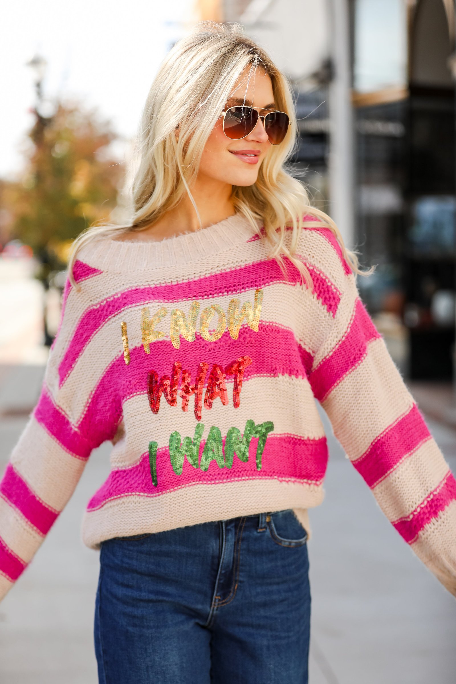 I Know What I Want Pink Striped Sequin Oversized Sweater